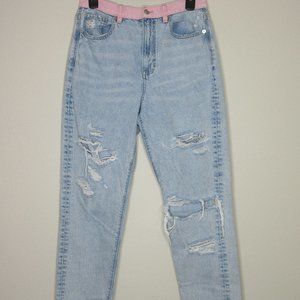 American Eagle Women's High Rise Pink Waistband Destruct Mom Jeans Size 6 B1-01
